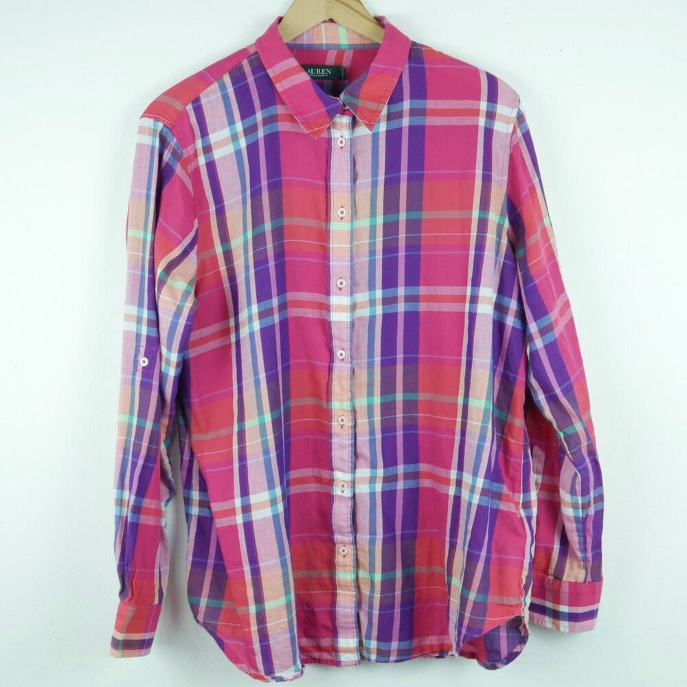 Ralph Lauren Women's XL Top Button Up Pink Plaid Roll Tab Sleeve Cotton Preppy